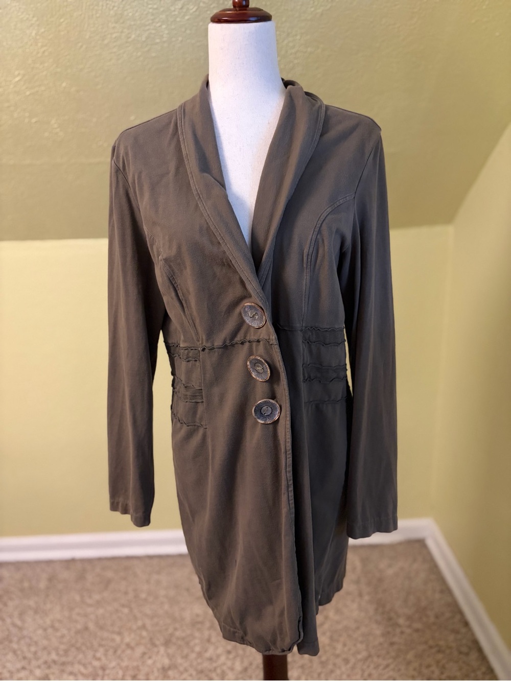 neon buddha Olive Shawl-Collar Three-Button Jacket Lagenlook Ruffled Waist